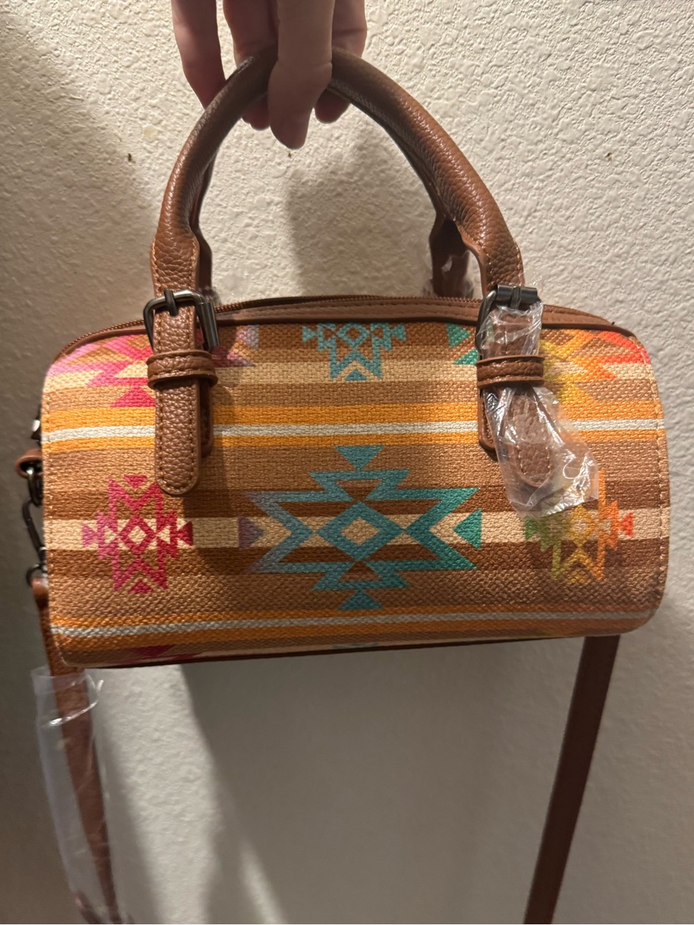 Wrangler Brown Mini Barrel Bag with Turquoise & Pink Tribal Accents